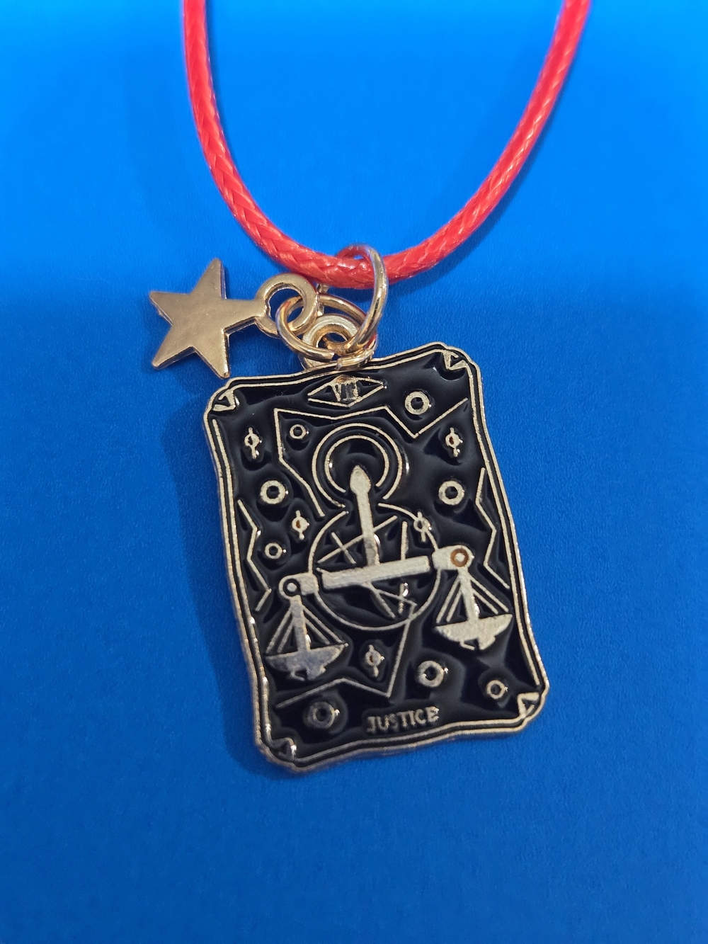 Justice Tarot Card Pendant Necklace in Black and Gold